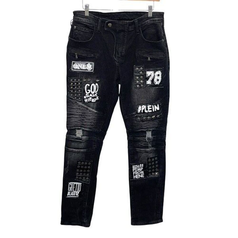 JeANS Men’s‎  Patch Studded Plein Faded Skinny Distressed Jeans Black Size 30
